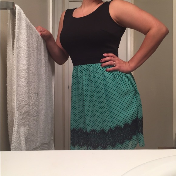 NWT! Black polka dotted turquoise dress. - Picture 2 of 4