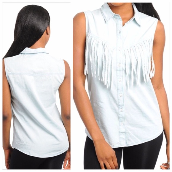 Light blue fringe sleeveless button up top S - Picture 2 of 2