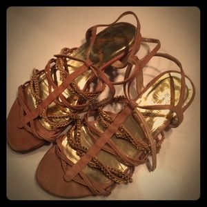 Stuart Weitzman tan and gold chain sandals
