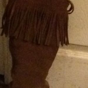 Caramel Color Tall Fringe Boot