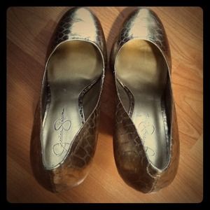 Gold 3 3/4 inch snake print metallic heels