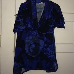 Blue/black patterned cowl neck sweater dress