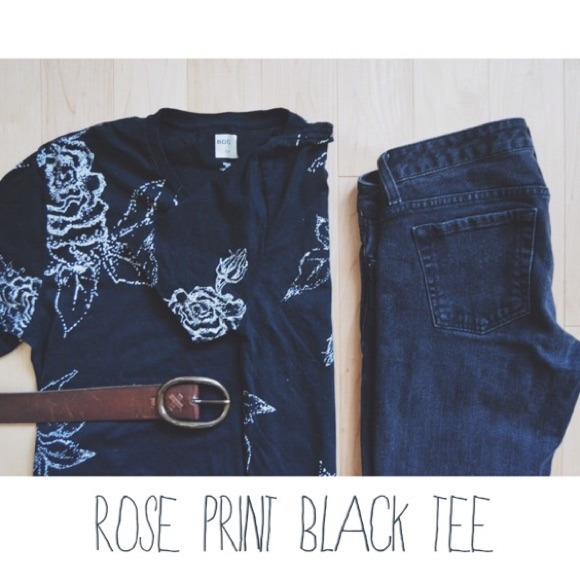 Urban Outfitters Rose Print Black Tee