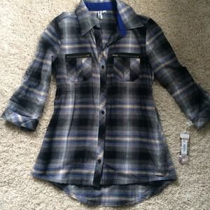 Blue and Black plaid shirt with tapered waist