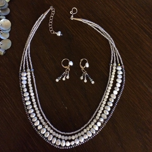 Gray seed pearl necklace and earring set