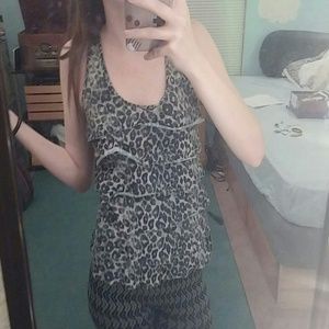 Grey leopard print ruffled tank top.