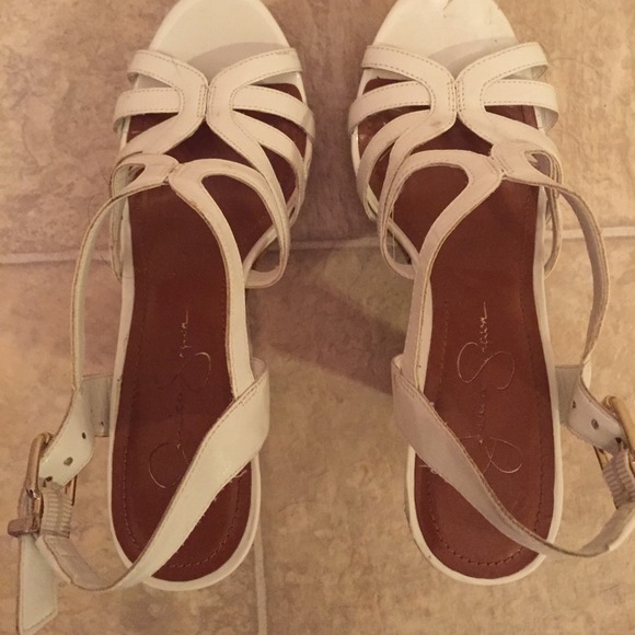 Jessica Simpson white strappy platforms