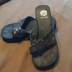 Black, sequined platform sandals