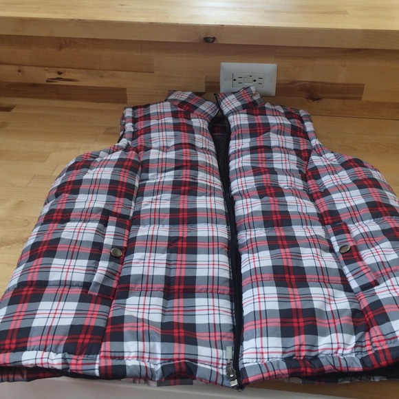 Red and black plaid puffy vest