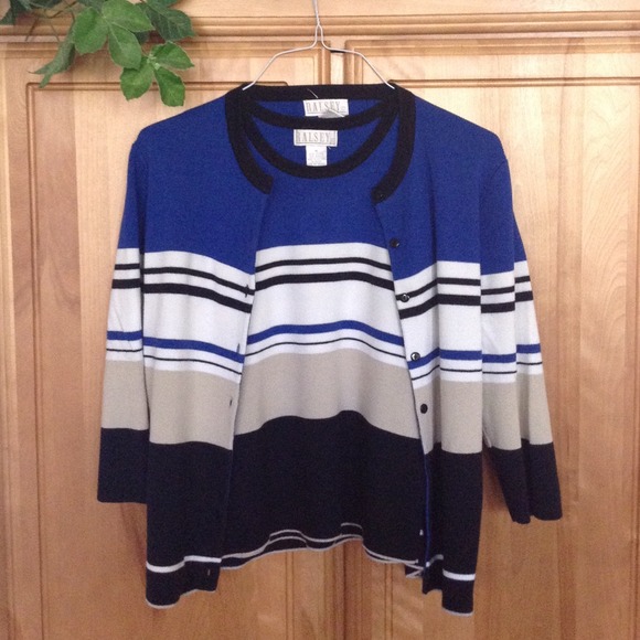 Blue, Black, Tan Cardigan with Shell