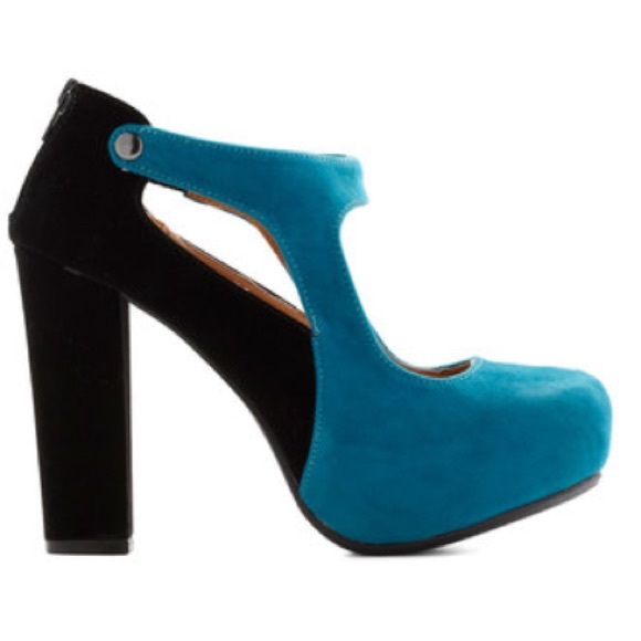 Turquoise and black cutout platform heels