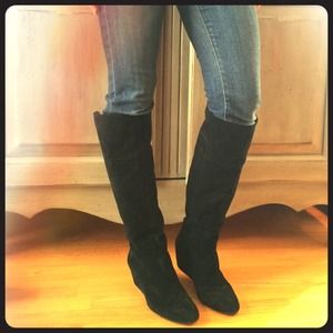 Nine West Pull On Hidden Wedge Boots - Black suede
