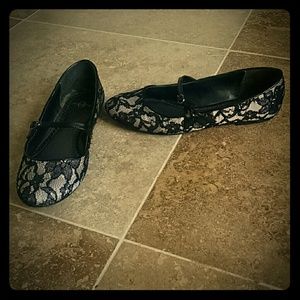 Black lace on nude satin flats. Size 7.5