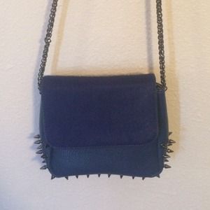 Blue Faux Leather Purse with Faux Furr and Spikes