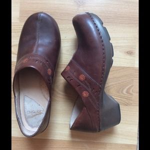 Dansko brown clogs with flowers