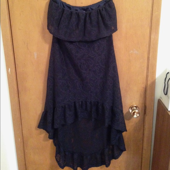 Misope High-Low Strapless Navy Lace Dress w/Ruffle