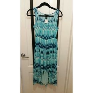 Turquoise and navy print sleeveless hi - low dress