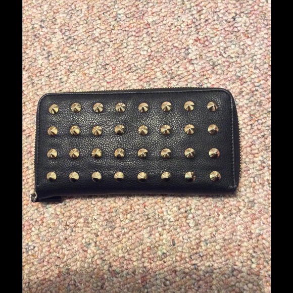 Black faux leather wallet with gold studs