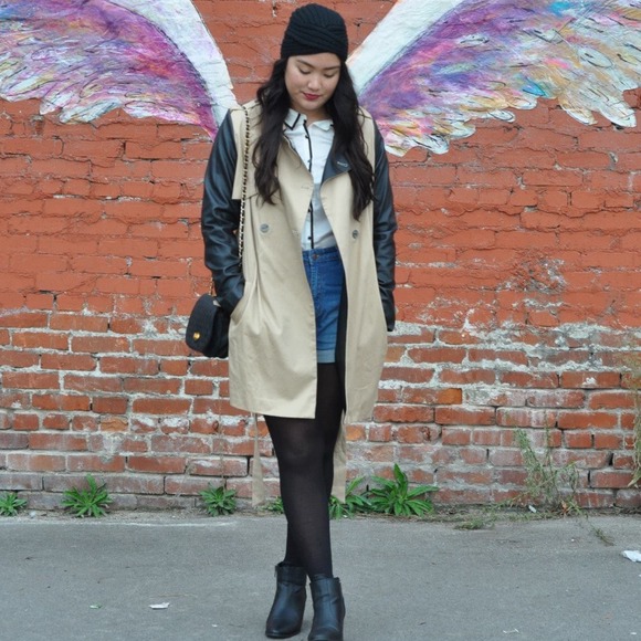 Black Pleather Contrast Sleeve Khaki Trench Coat - Picture 3 of 4