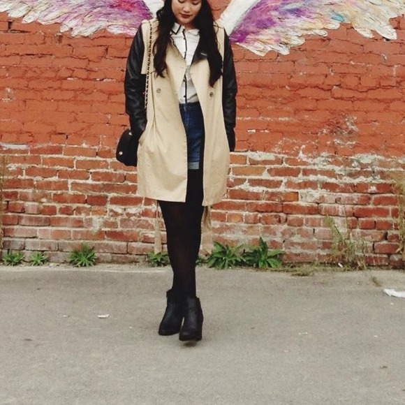 Black Pleather Contrast Sleeve Khaki Trench Coat - Picture 4 of 4