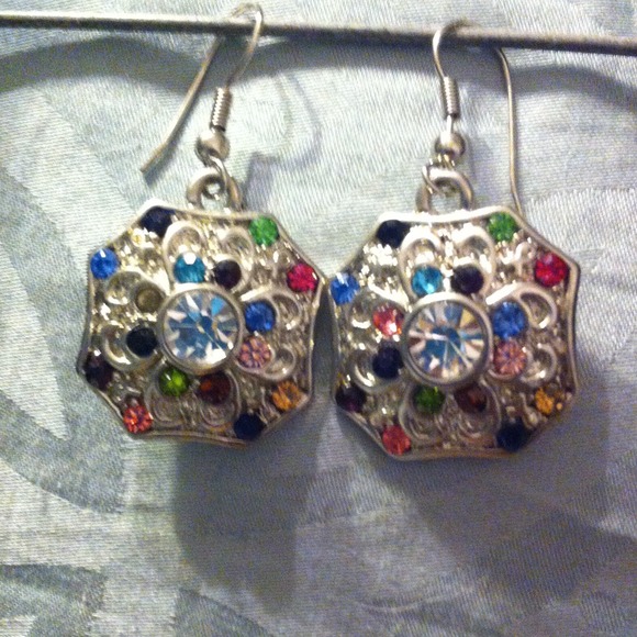 Silver multi colored stone earrings.