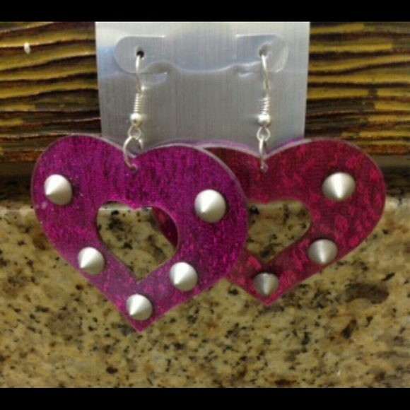 Pink heart earrings with silver spike studs - Picture 1 of 1