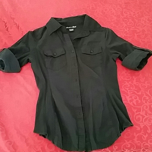 Black button up cotton shirt with stretchy sides