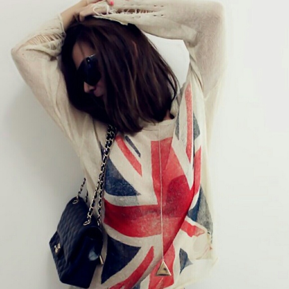 🎉SOLD! Off shoulder UK flag distressed sweater - Picture 2 of 4