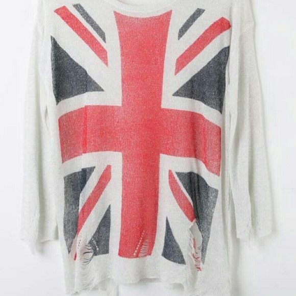 🎉SOLD! Off shoulder UK flag distressed sweater - Picture 3 of 4