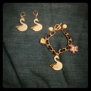 Betsey Johnson swan earrings and bracelet
