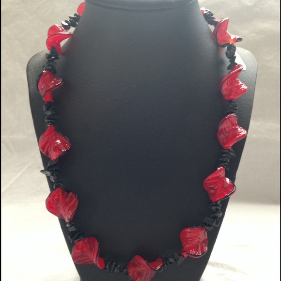 Red Glass and Black Stone Necklace