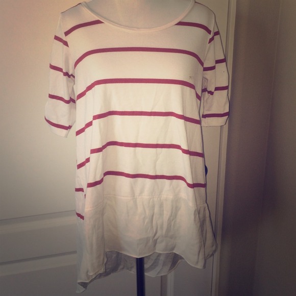 Red and white striped tee with chiffon hem