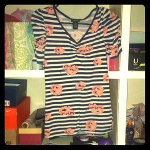 Navy striped, floral top.