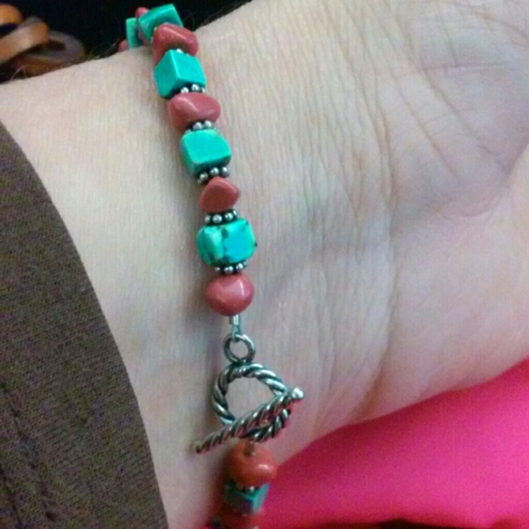 Turquoise and coral bracelet *fits large wrist