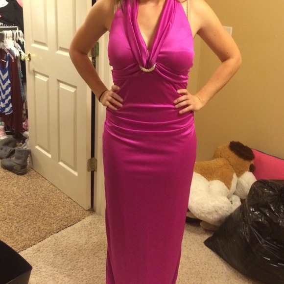 Long fuchsia prom dress.