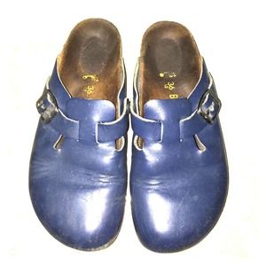 Blue shiny birkinstocks