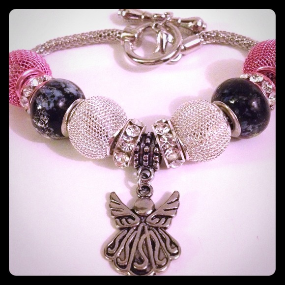 Angel Charm Bracelet Silver Black & Pink