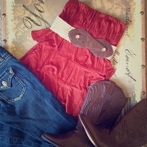 Burnt orange strapless ruffle shirt