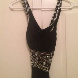Black halter dress with intricate beading