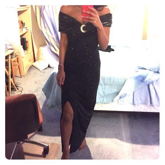 Off the shoulder black sparkle gown