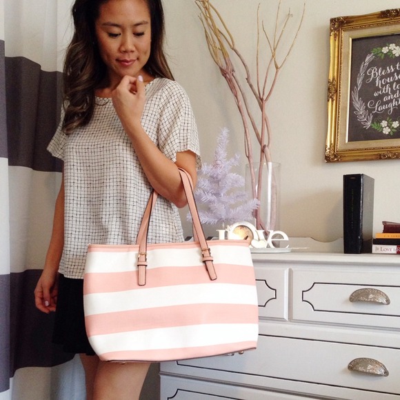 Miss Unique Handbags - Striped Blush Pink Everyday Carryall Purse