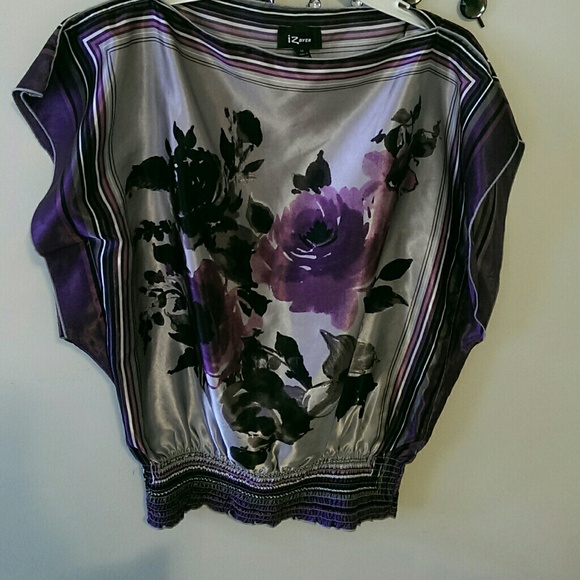 Iz Byer Tops - Winged silky top with purple flower