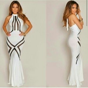 White Mesh Inserts Full length cocktail Dress