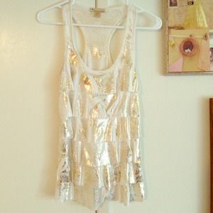 White & gold sparkly ruffled tank top!