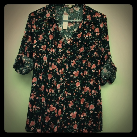 Coral/pink and black floral blouse