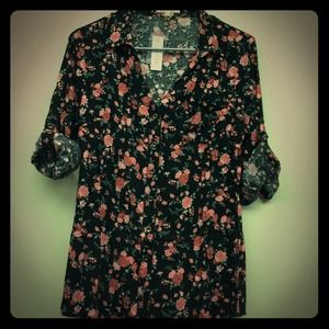 Coral/pink and black floral blouse