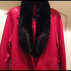 Beautiful long red leather coat with fur collar