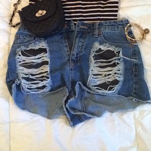 Edgy Ripped Leather/Denim Shorts