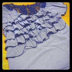 Ruffled Blue Stripe Shirt With Lace Detail