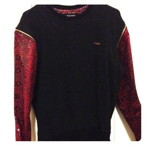 Snake skin sleeved black crewneck